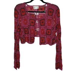Vintage Cache Crochet Long Sleeve Shrug Crop Cardigan L Festival Boho Pink/Red